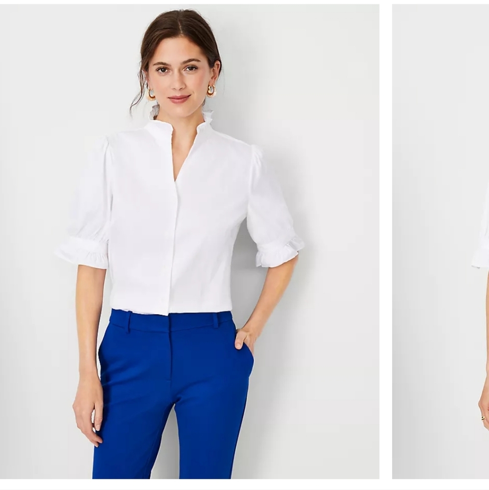 Ann Taylor Poplin White Blouse with Puff Sleeves and Ruffle Detail.